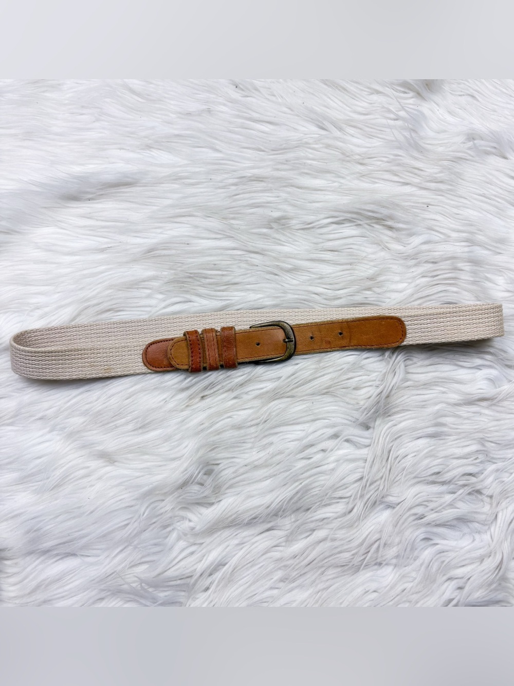 Vintage Surcingle Web Woven Fabric Knit Leather Belt Beige White Cream Preppy